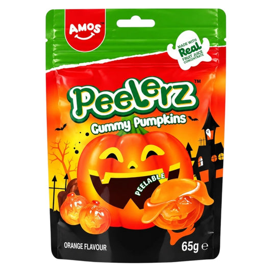 Amos Peelerz Gummy Pumpkins Orange Flavour 65g - jack-o'-lantern shaped peelable gummy sweets
