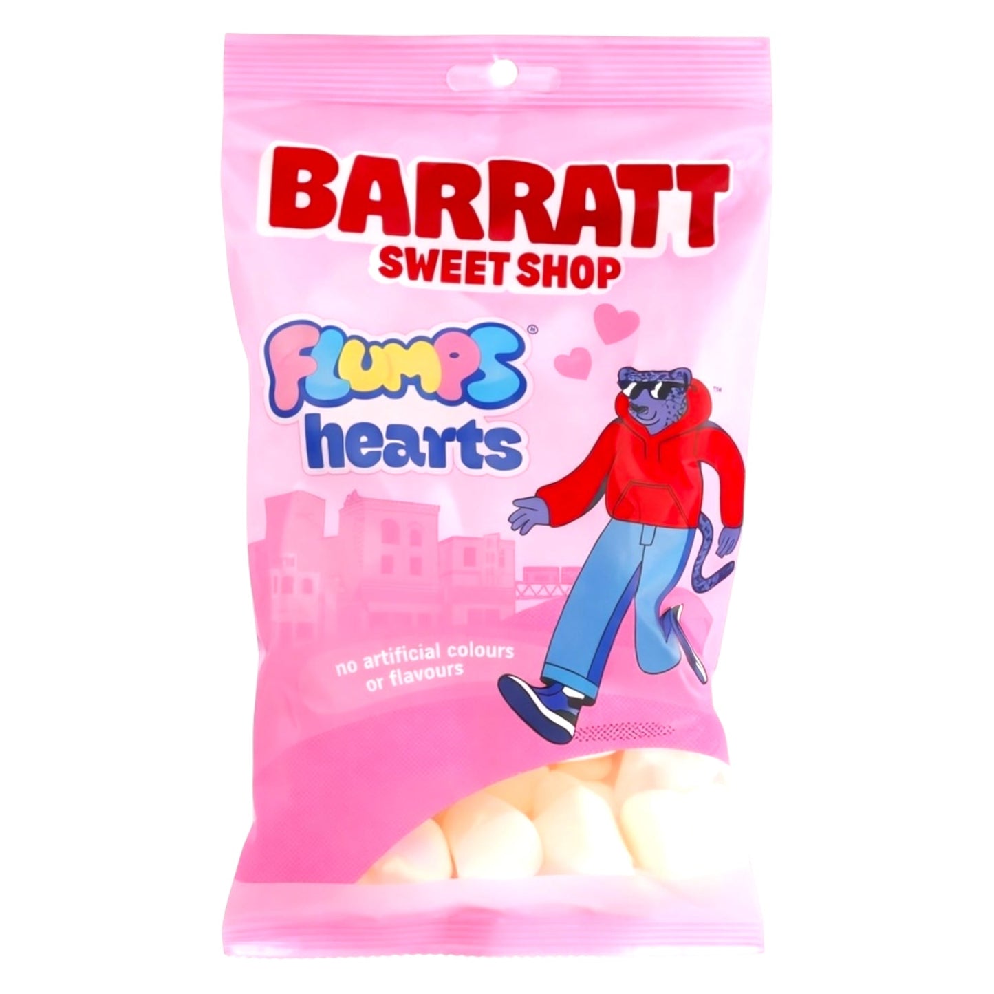 Pink packaging of Barratt Sweet Shop Flumps Hearts with cartoon character on a white background