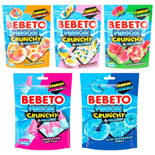 Five packages of Bebeto Freeze Crunchy gummy candies in different flavors on a white background.
