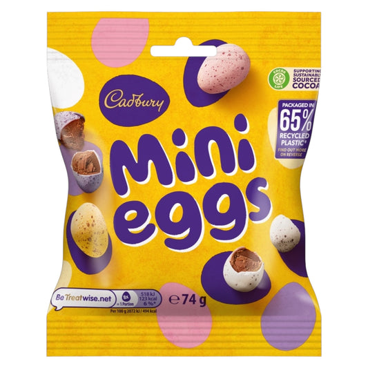 Cadbury Mini Eggs packaging with a yellow background