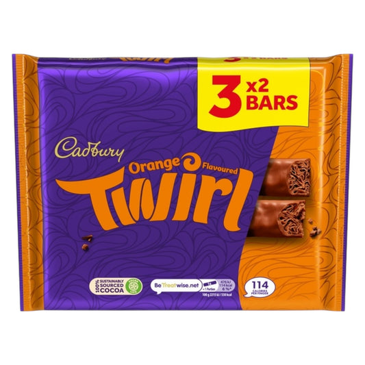 Cadbury Orange Twirl chocolate bars packaging on a white background