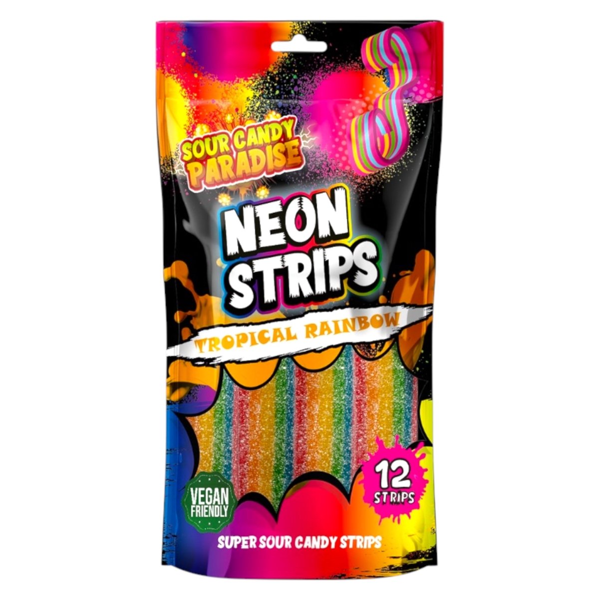 Packaging of Candy Paradise Neon Belts Tropical Rainbow sour candy strips on a white background
