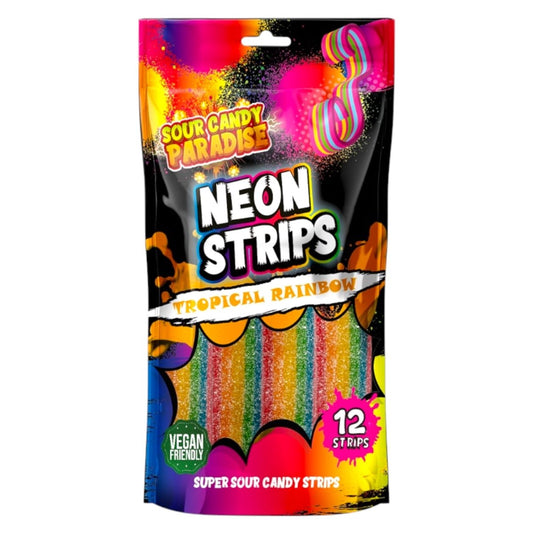 Packaging of Candy Paradise Neon Belts Tropical Rainbow sour candy strips on a white background
