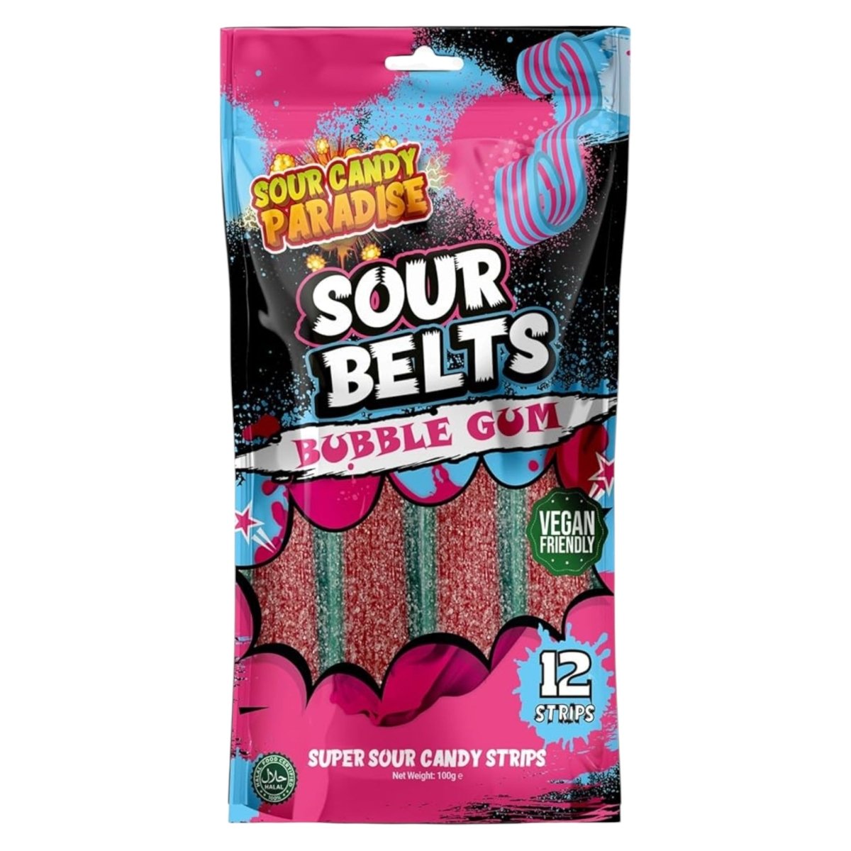 Packaging of Candy Paradise Sour Bubblegum Belts fizzy sour candy on a white background