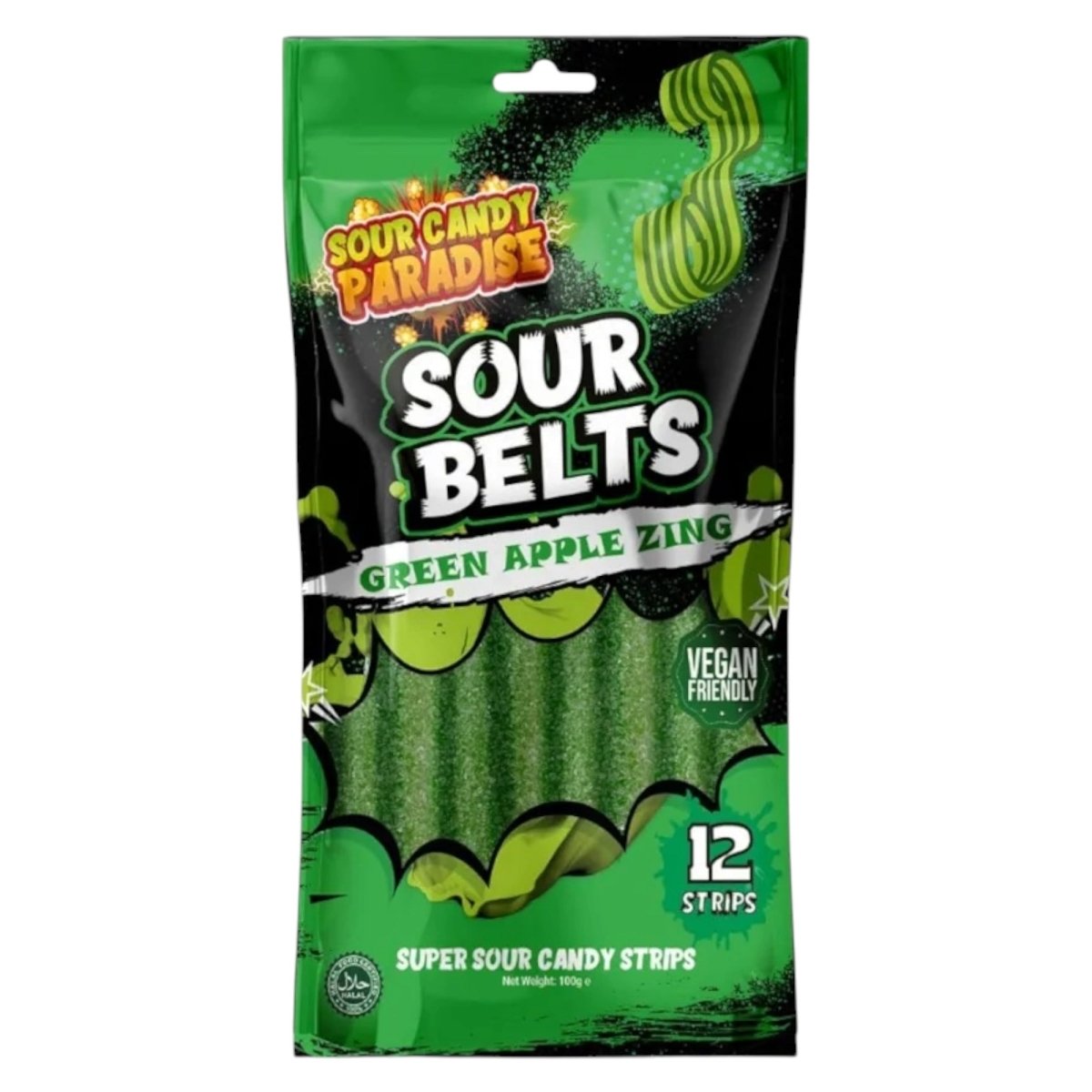 Packaging of Candy Paradise Sour Green Apple Belts fizzy sour candy on a white background
