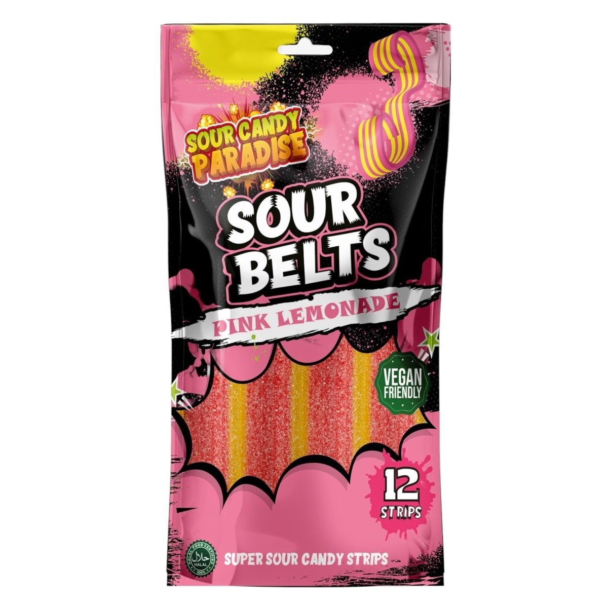 Packaging of Candy Paradise Sour Pink Lemonade Belts fizzy sour candy on a white background