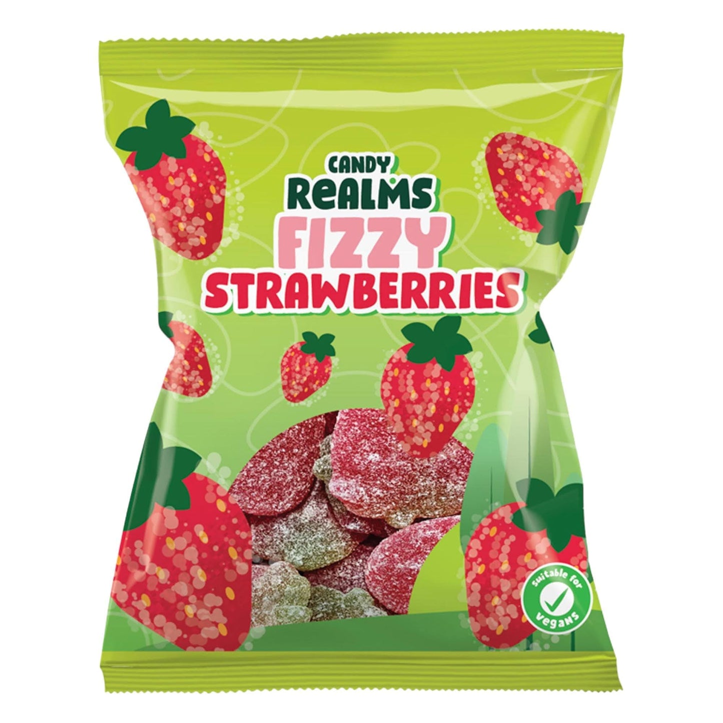 Candy Realms Fizzy Strawberries Gummy Sugar Coated Sweets 190g - 1x Share Bag - Caribou Candy