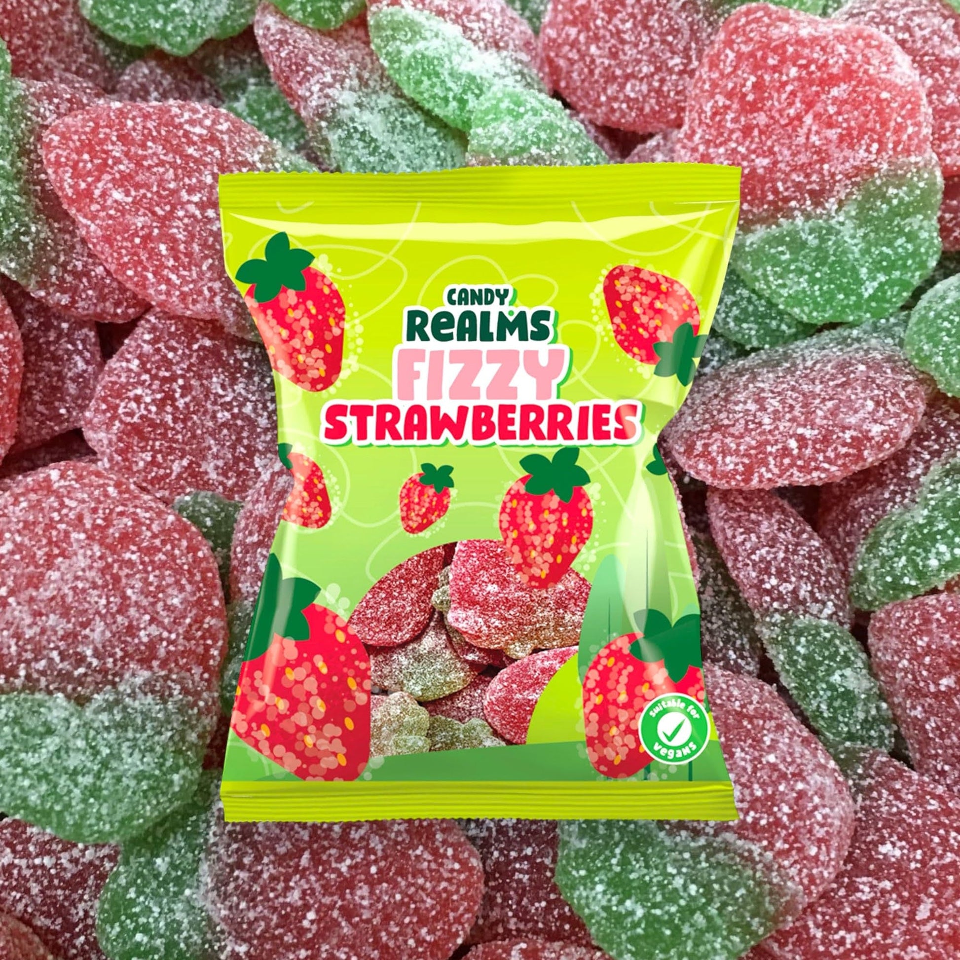 Candy Realms Fizzy Strawberries Gummy Sugar Coated Sweets 190g - 1x Share Bag - Caribou Candy