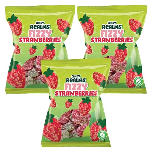 Candy Realms Fizzy Strawberries Gummy Sugar Coated Sweets 190g - 1x Share Bag - Caribou Candy