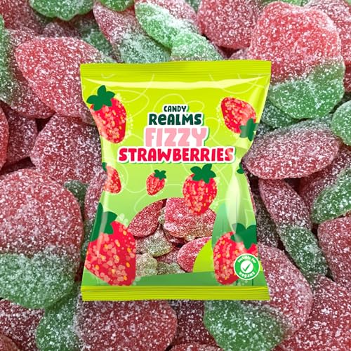 Candy Realms Fizzy Strawberries Gummy Sugar Coated Sweets 190g - 1x Share Bag - Caribou Candy