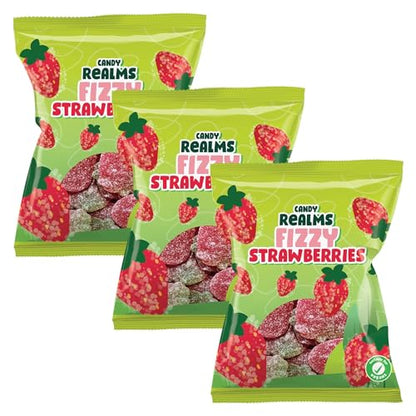 Candy Realms Fizzy Strawberries Gummy Sugar Coated Sweets 190g - 1x Share Bag - Caribou Candy