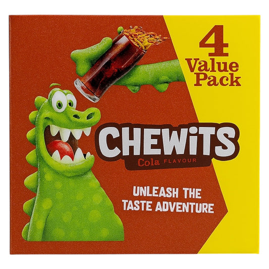 Chewits Cola Flavour with a green monster character on a red and yellow background