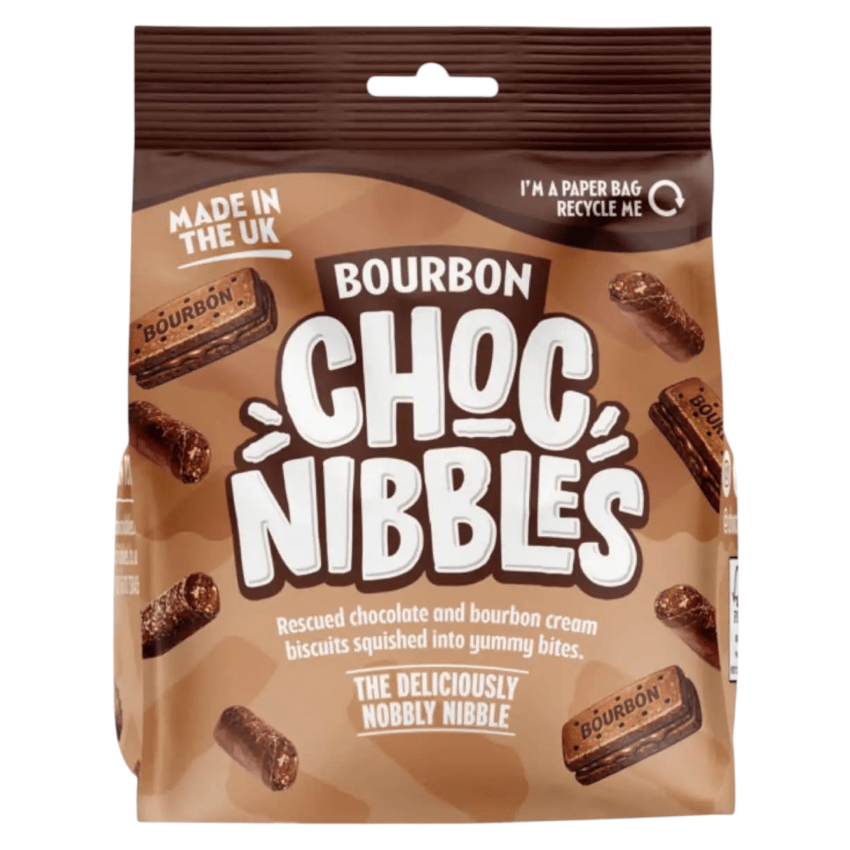 Bourbon Choc Nibbles 135g - milk chocolate bites with bourbon biscuit and caramel flavour, dusted with cocoa powder