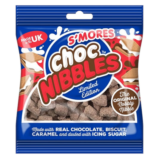 Packaging of S'mores Choc Nibbles with blue and red design