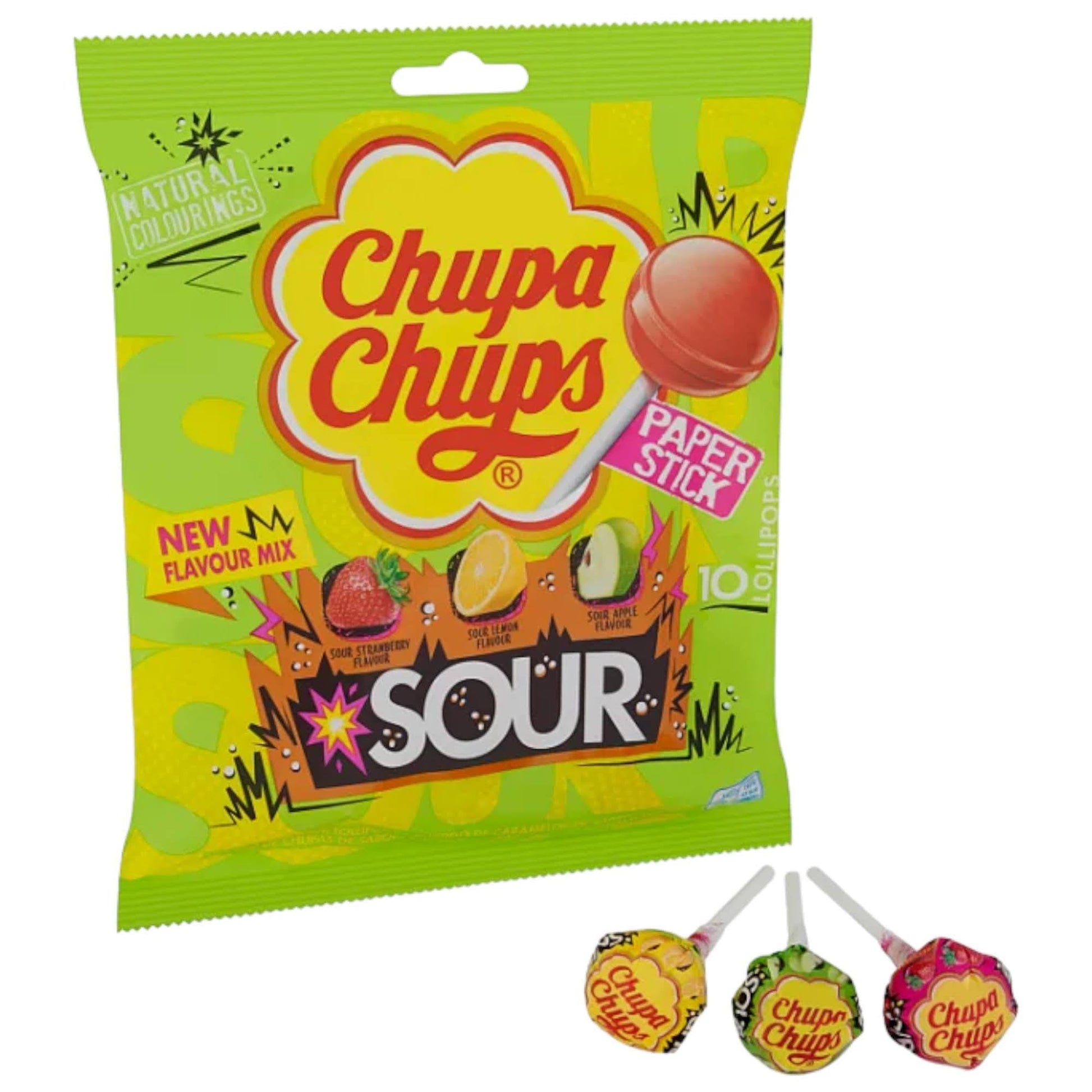 Chupa Chups Sour Lollipops - Tangy Cherry, Apple & Lemon Flavours, 120g - 1x Pack of 10 - Caribou Candy