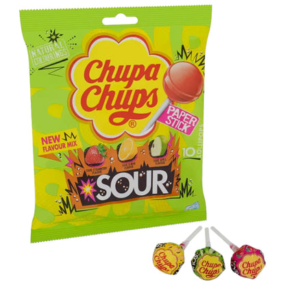 Chupa Chups Sour Lollipops - Tangy Cherry, Apple & Lemon Flavours, 120g - 1x Pack of 10 - Caribou Candy