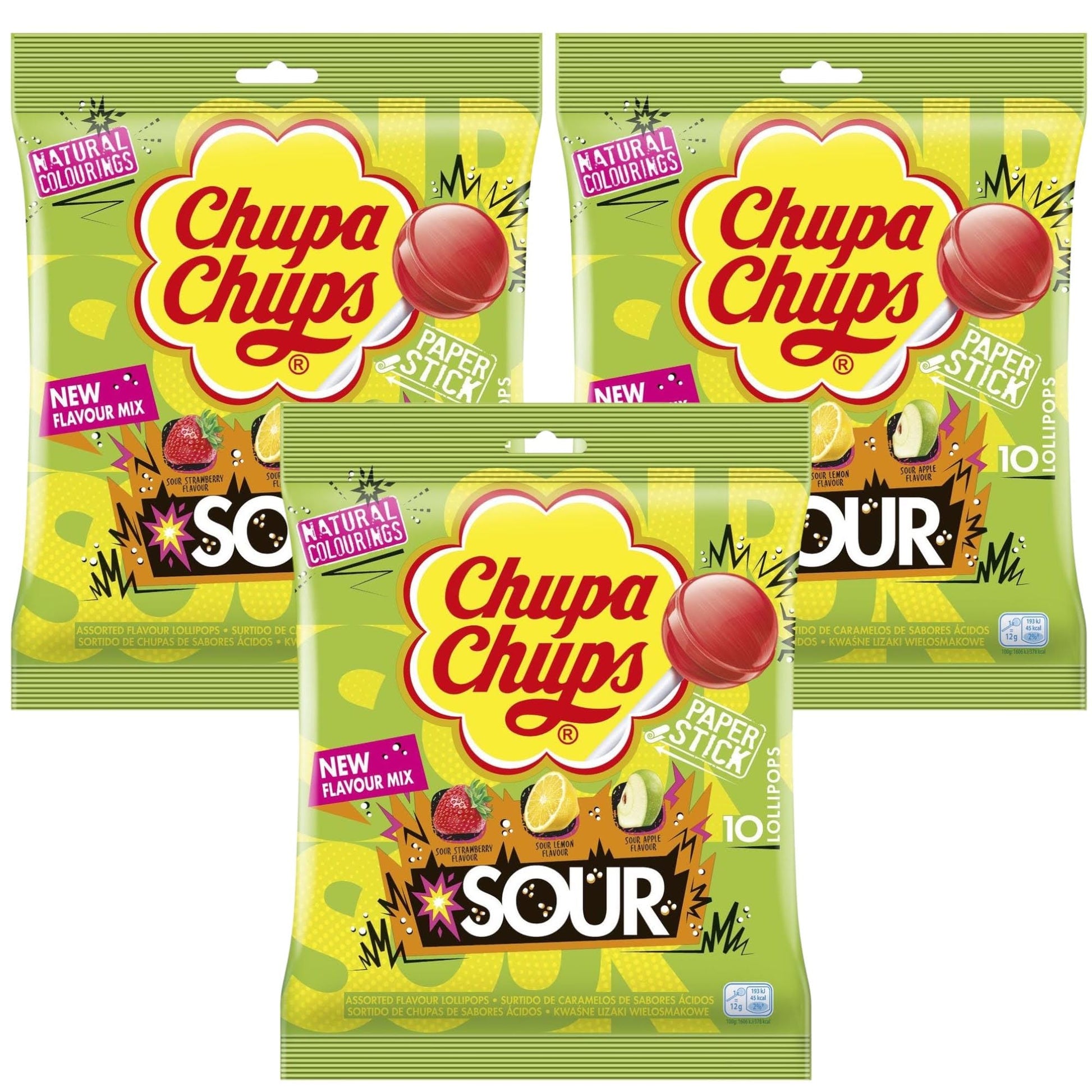 Chupa Chups Sour Lollipops - Tangy Cherry, Apple & Lemon Flavours, 120g - 1x Pack of 10 - Caribou Candy