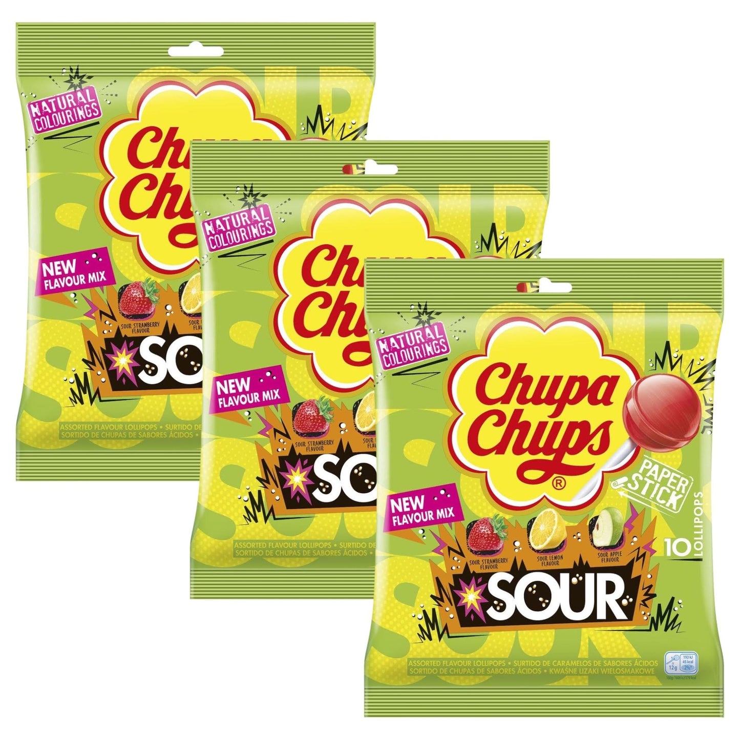 Chupa Chups Sour Lollipops - Tangy Cherry, Apple & Lemon Flavours, 120g - 1x Pack of 10 - Caribou Candy