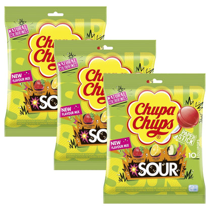 Chupa Chups Sour Lollipops - Tangy Cherry, Apple & Lemon Flavours, 120g - 1x Pack of 10 - Caribou Candy