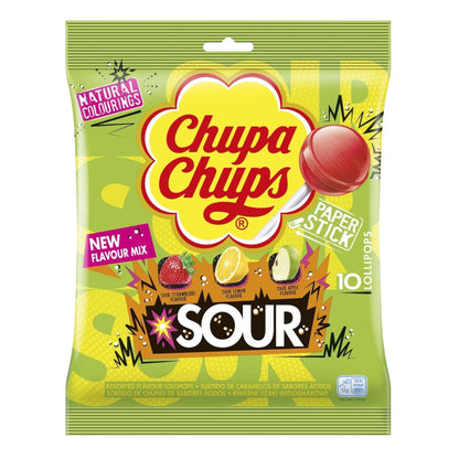 Chupa Chups Sour Lollipops - Tangy Cherry, Apple & Lemon Flavours, 120g - 1x Pack of 10 - Caribou Candy