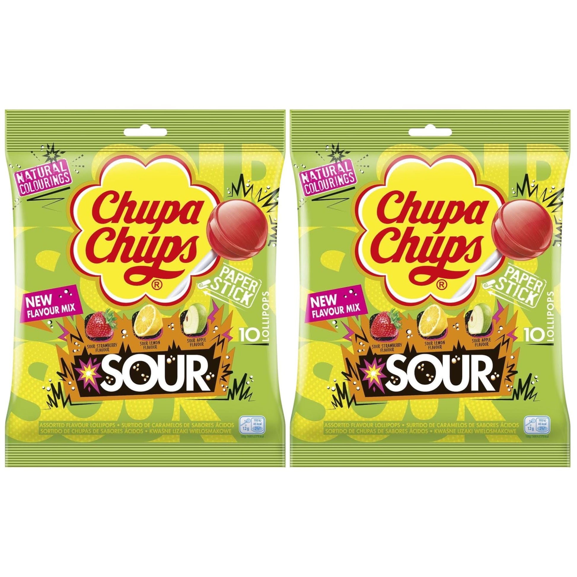 Chupa Chups Sour Lollipops - Tangy Cherry, Apple & Lemon Flavours, 120g - 1x Pack of 10 - Caribou Candy