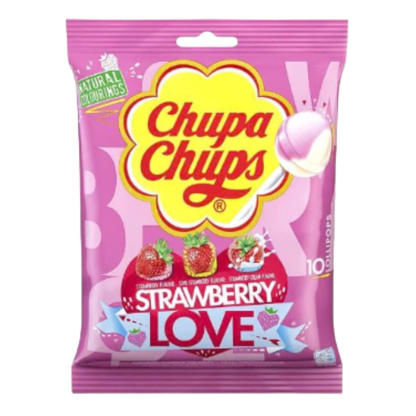 Chupa Chups Strawberry Love Lollipops - 3 Delicious Strawberry Flavours, 120g - 1 Pack of 10 - Caribou Candy