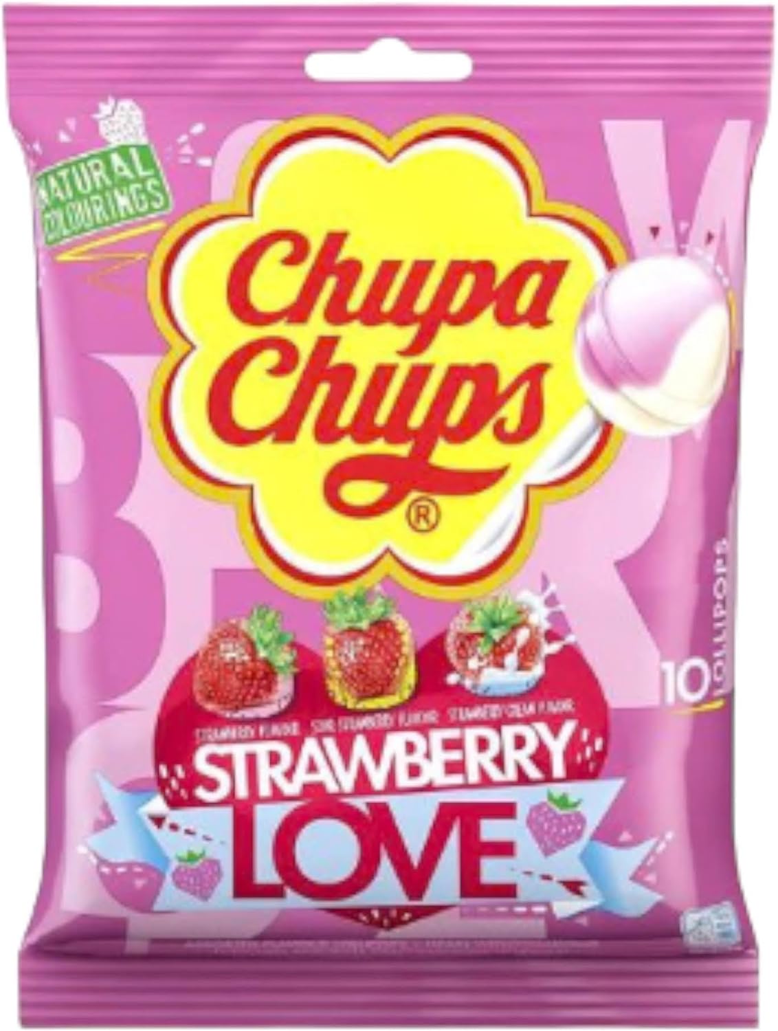 Chupa Chups Strawberry Love Lollipops - 3 Delicious Strawberry Flavours, 120g - 1 Pack of 10 - Caribou Candy