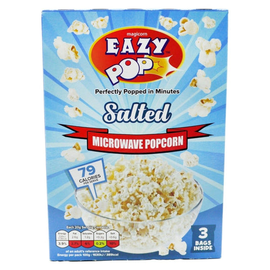 Box of Eazy Pop salted microwave popcorn with a blue background