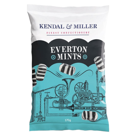 Packaging of Kendal & Miller Everton Mints with black and white striped mints on a white background