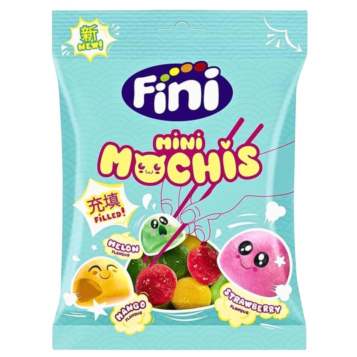 Fini mini mochis snack package with colorful design on a white background