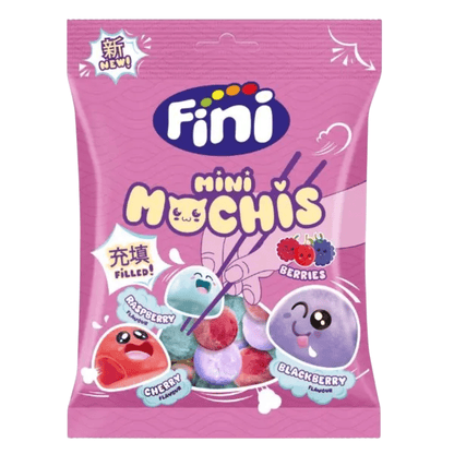 Fini mini Mochis candy package with colorful design on a pink background
