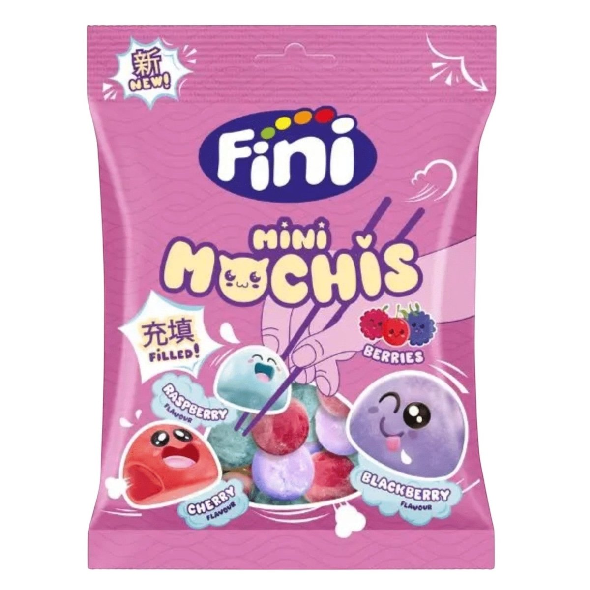 Fini mini Mochis candy package with colorful design on a pink background