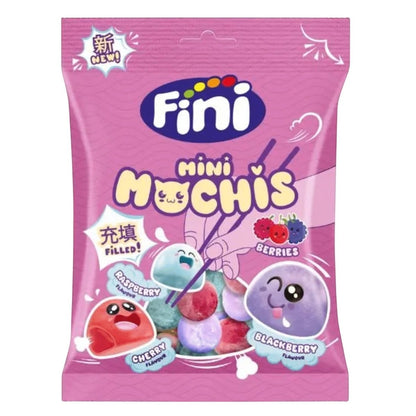 Fini mini Mochis candy package with colorful design on a pink background