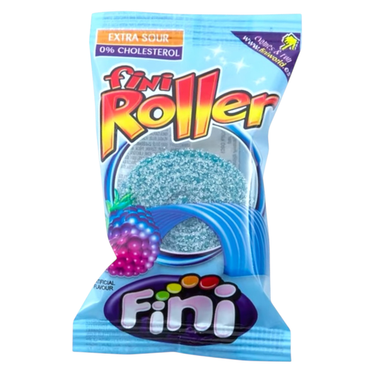 Fini Roller candy package with blue candy and colorful packaging on a white background