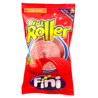 Fini Roller candy package with red background