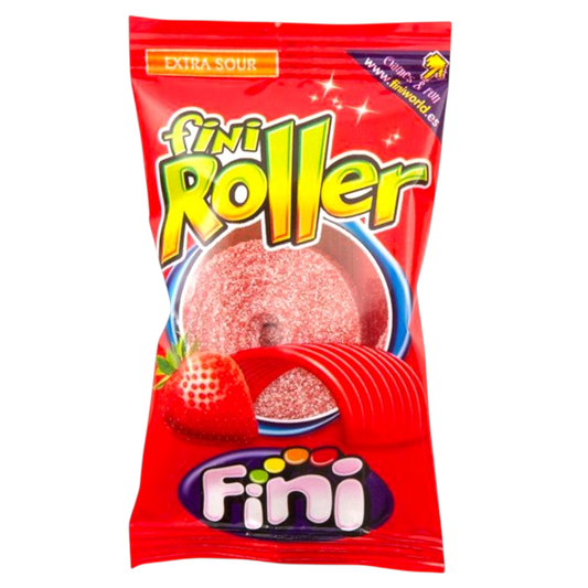 Fini Roller candy package with red background