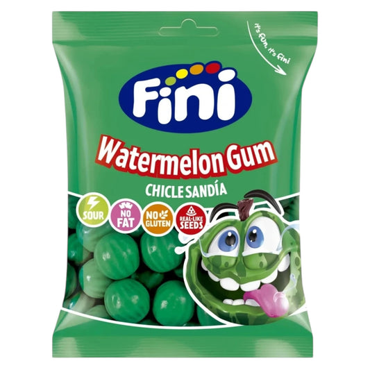 Green package of Fini watermelon gum with a cartoon character on a white background