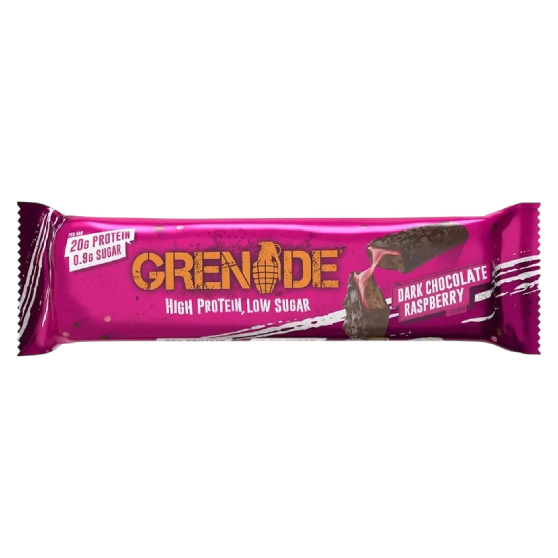 Grenade dark chocolate raspberry protein bar on a white background