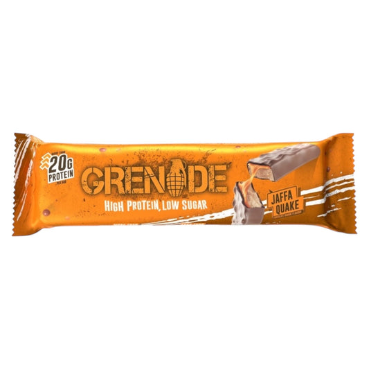 Grenade Jaffa Quake protein bar packaging on a white background