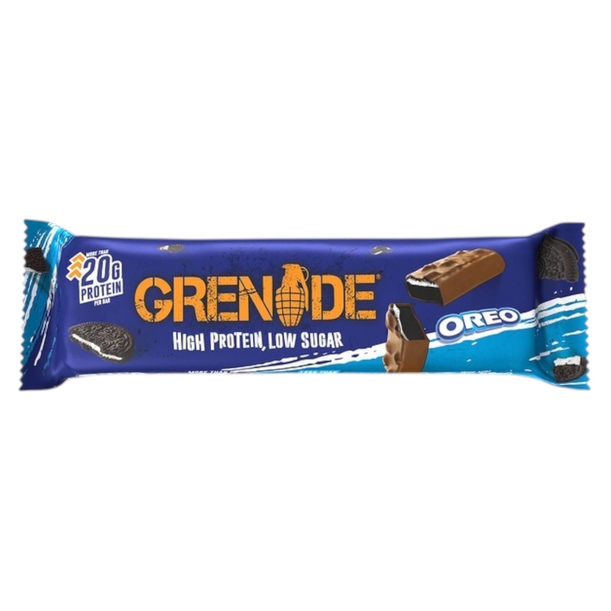 Grenade Oreo protein bar packaging on a white background
