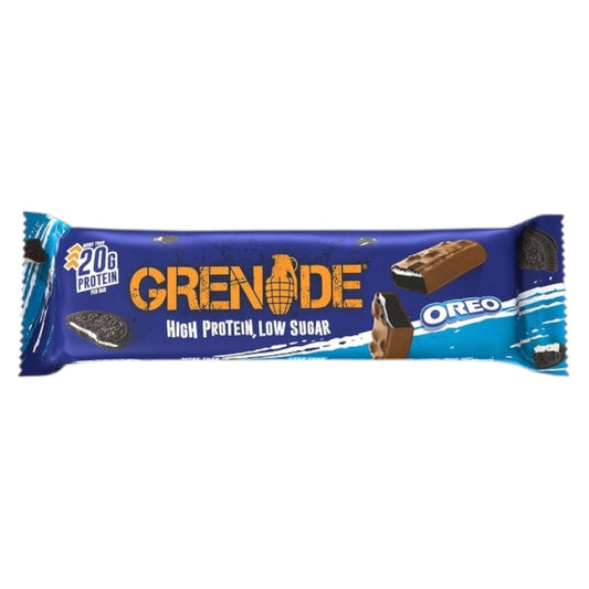 Grenade Oreo protein bar packaging on a white background