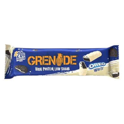 Grenade Oreo White protein bar packaging on a white background