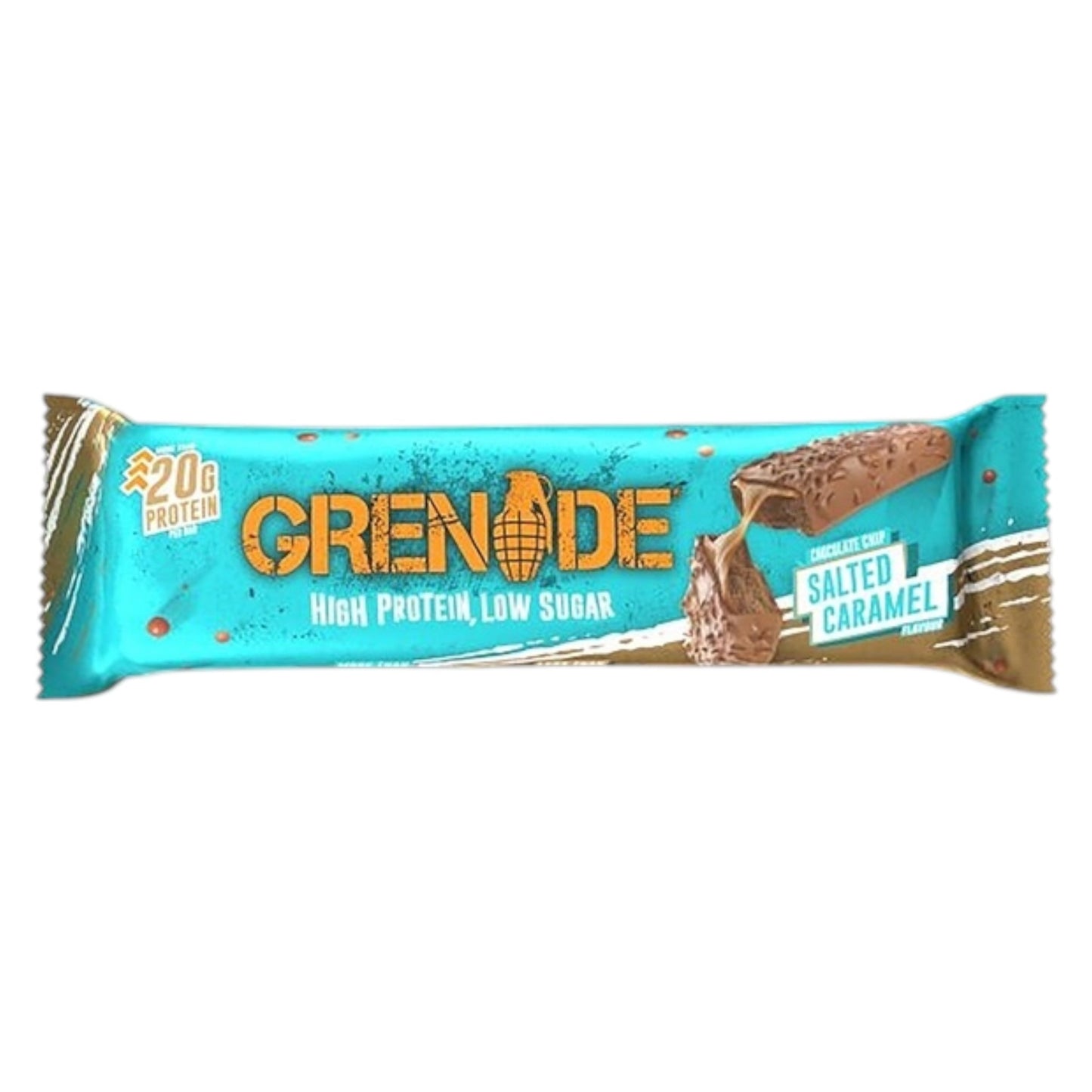 Grenade high protein bar with salted caramel flavor on a white background