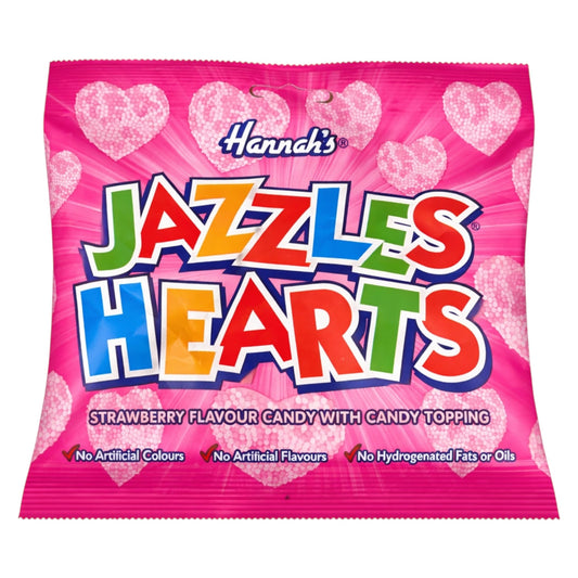 Hannah's Jazzles Hearts candy package with pink background and heart designs