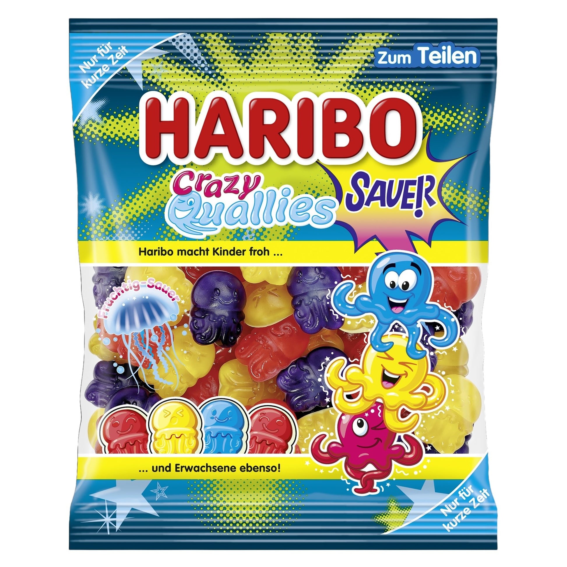 Haribo Crazy Gummibaries candy package with colorful gummy characters on a blue background