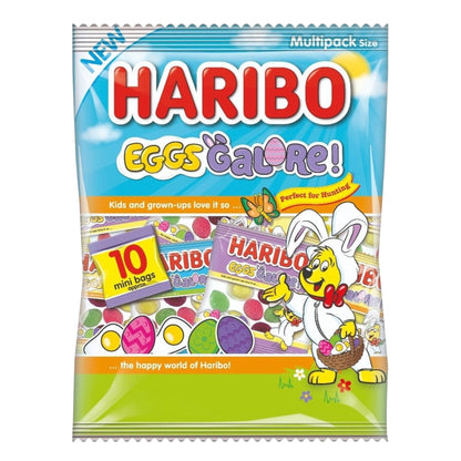 Haribo Eggs Galore candy package with colorful design and cartoon character on a white background