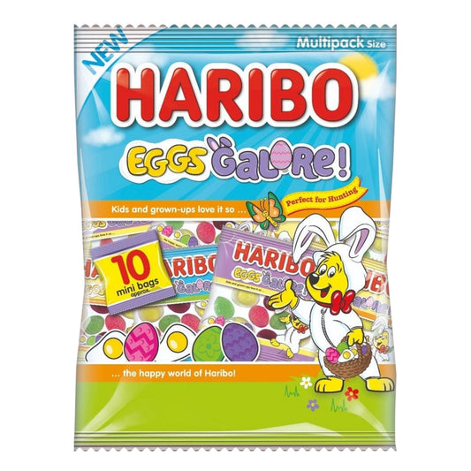 Haribo Eggs Galore candy package with colorful design and cartoon character on a white background