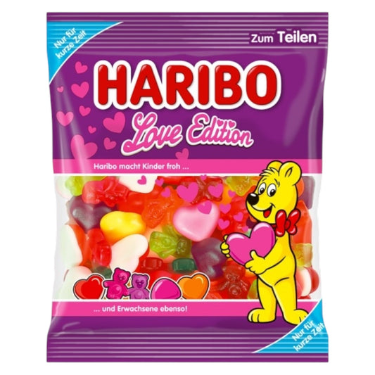 Haribo Love Edition candy package with a cartoon bear holding a heart.
