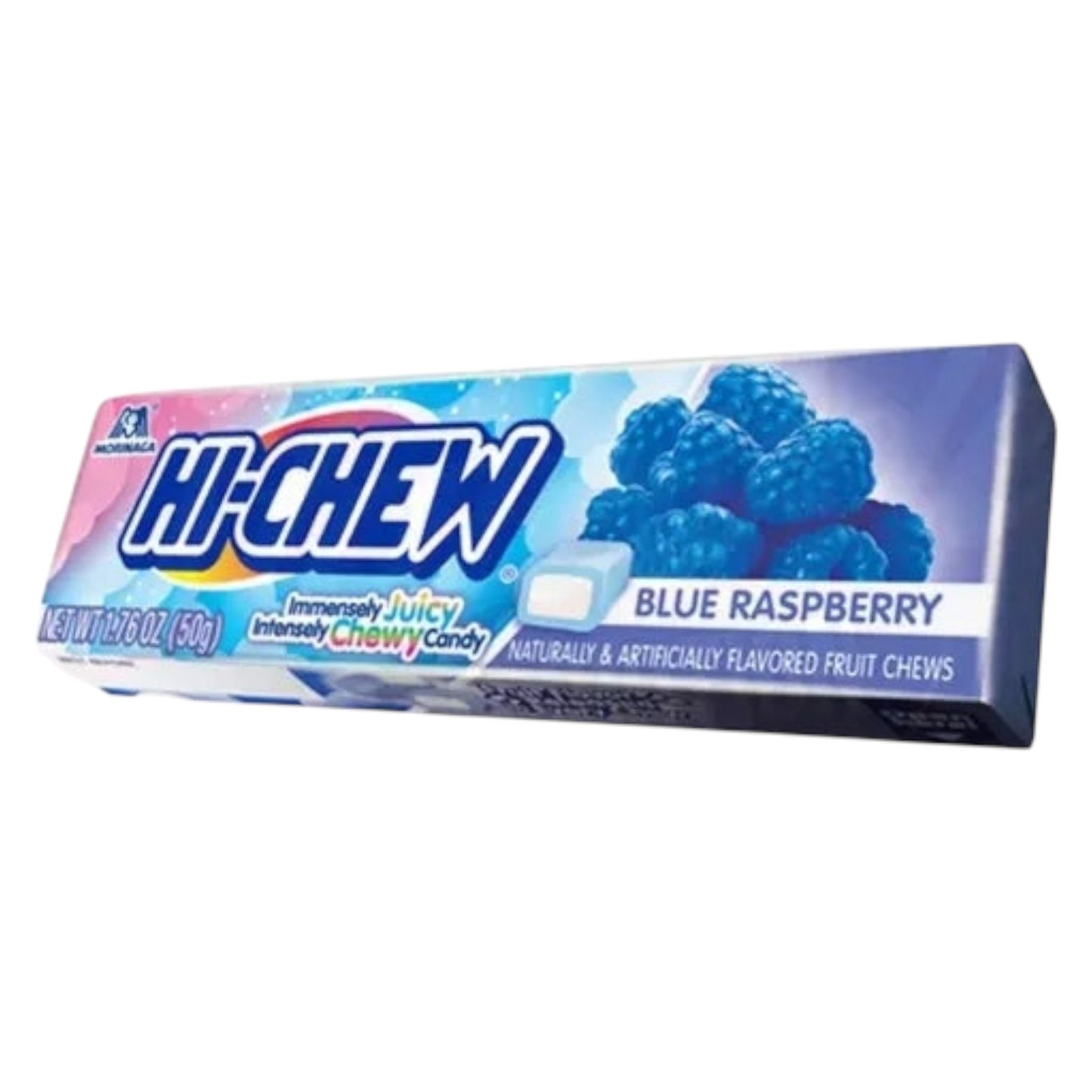 Hi-Chew blue raspberry fruit chews on a white background