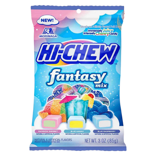 Packaging of Hi-Chew fantasy mix candy with colorful graphics and text.
